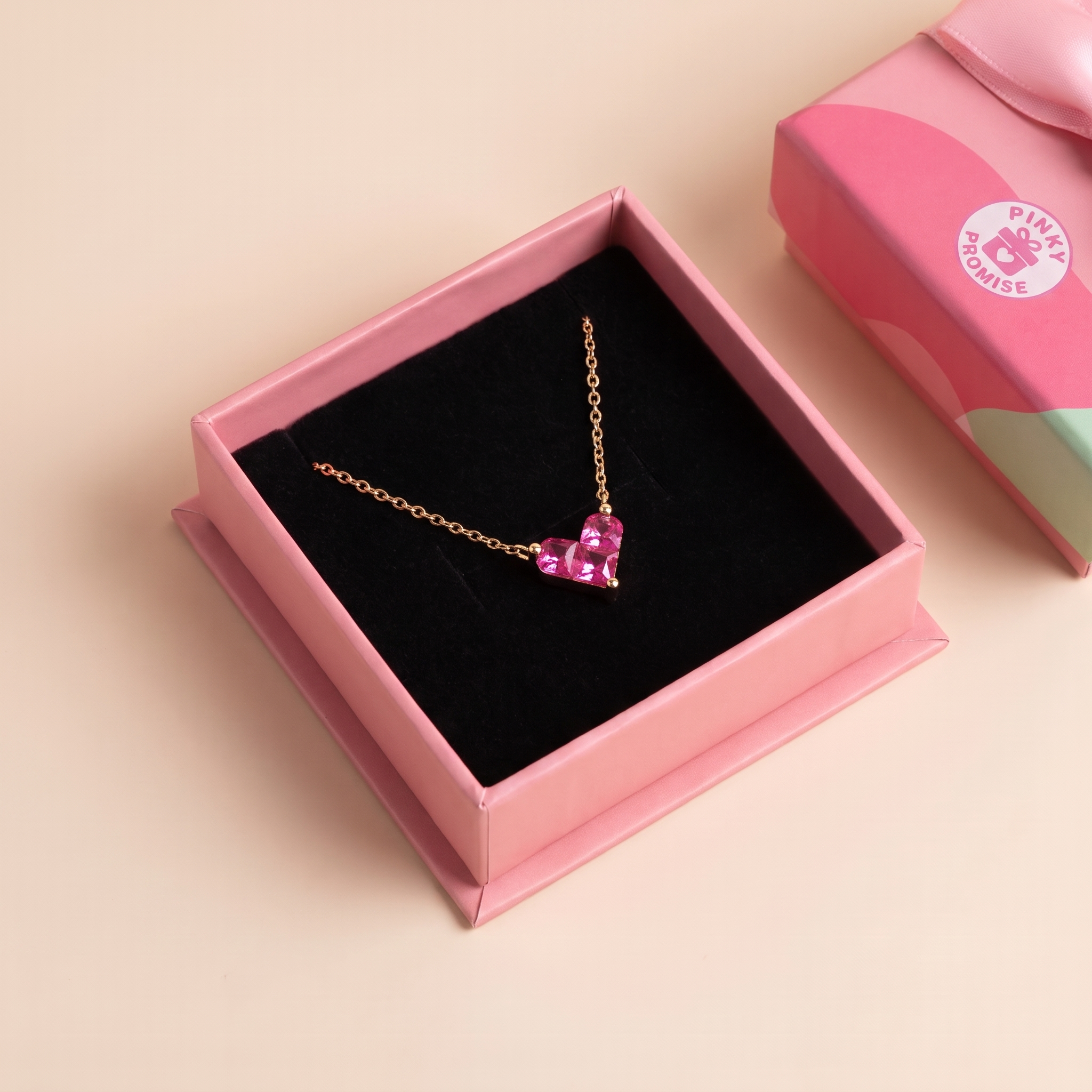 Pink Heart Pendant Gold plated Necklace - 925 Sterling Silver - Close Up | Pinky Promise