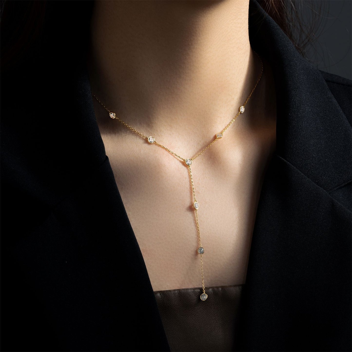 Dainty Bezel-Set Crystal Y-Necklace in Gold Vermeil