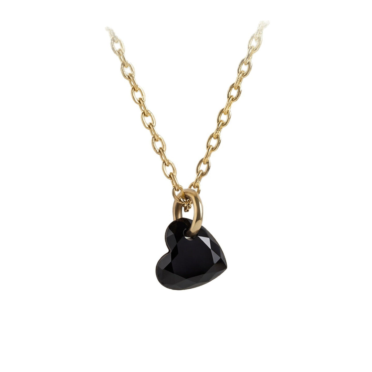 A gold chain necklace featuring a faceted black heart-shaped pendant, shown against a plain white background.