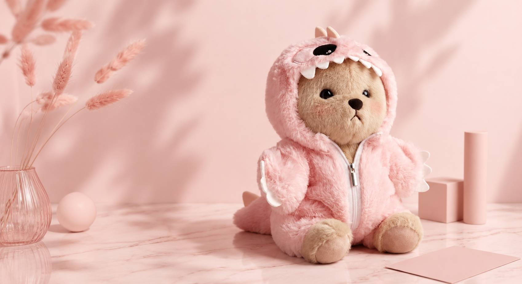 Teddy bear wearing a pink dragon costume on a soft pink background