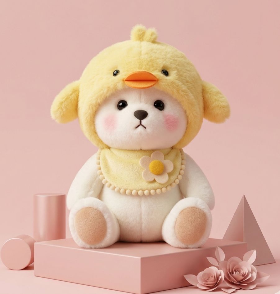 Cute plush toy with a yellow duck costume on a pink background