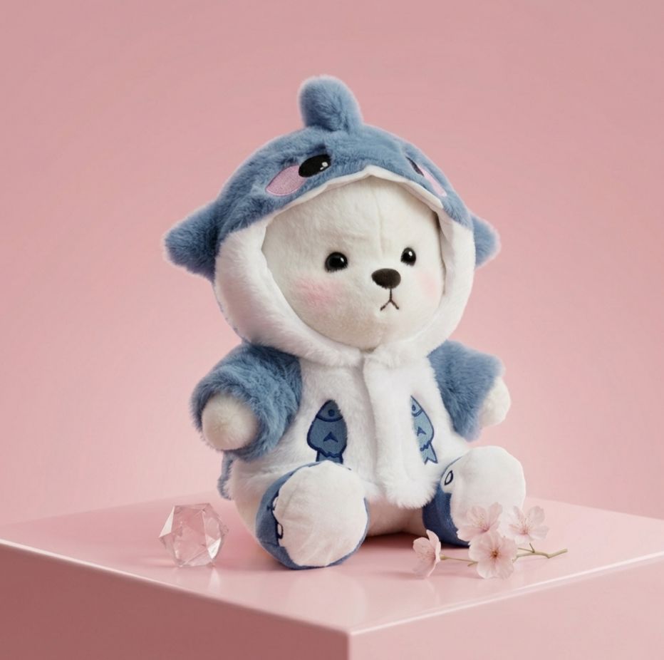 Plush toy bear in a blue outfit on a pink background
