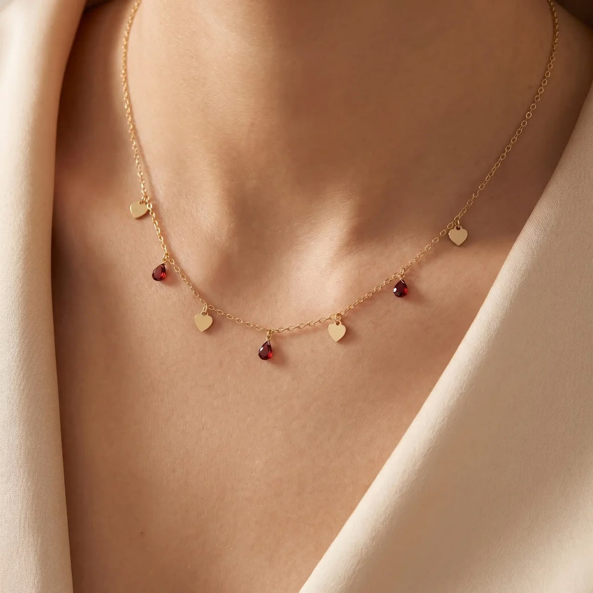 Red Crystal Heart Station Necklace – 925 Sterling Silver, Gold Plated