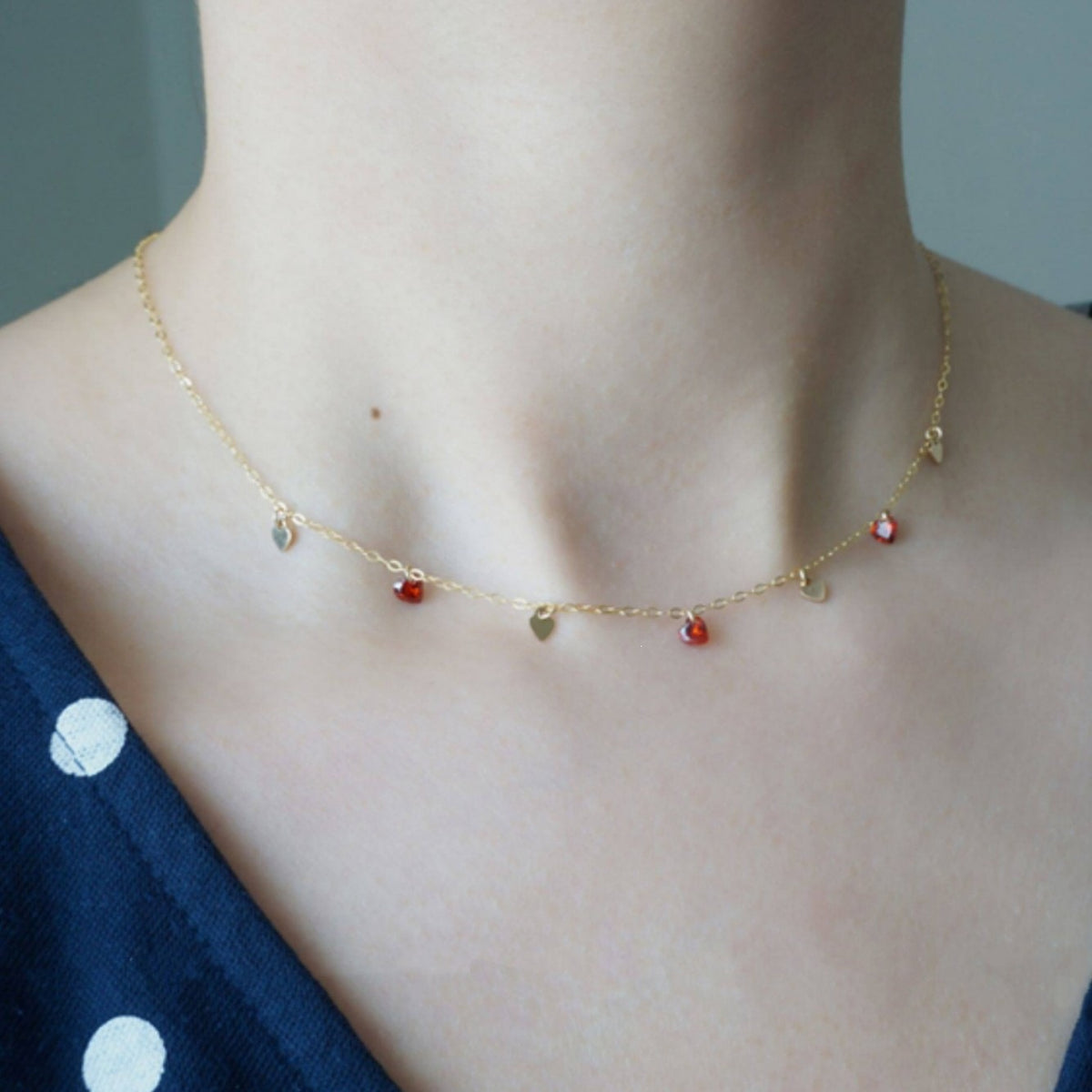 Red Crystal Heart Station Necklace – 925 Sterling Silver, Gold Plated