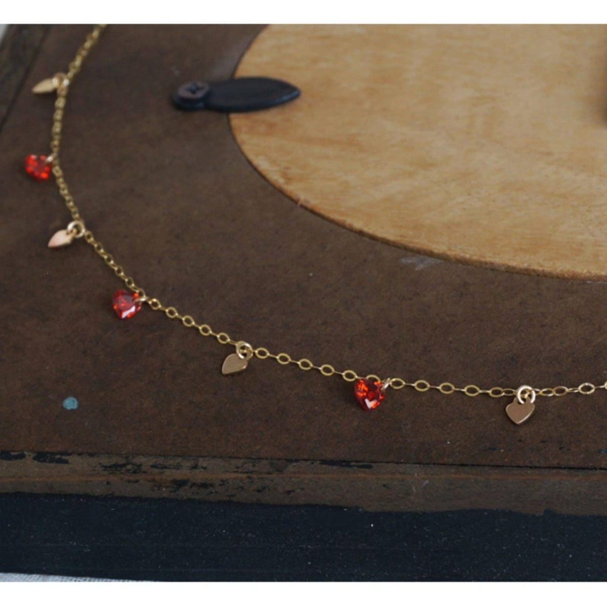 Red Crystal Heart Station Necklace – 925 Sterling Silver, Gold Plated