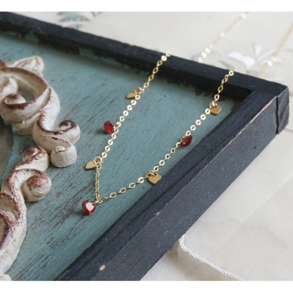 Red Crystal Heart Station Necklace – 925 Sterling Silver, Gold Plated