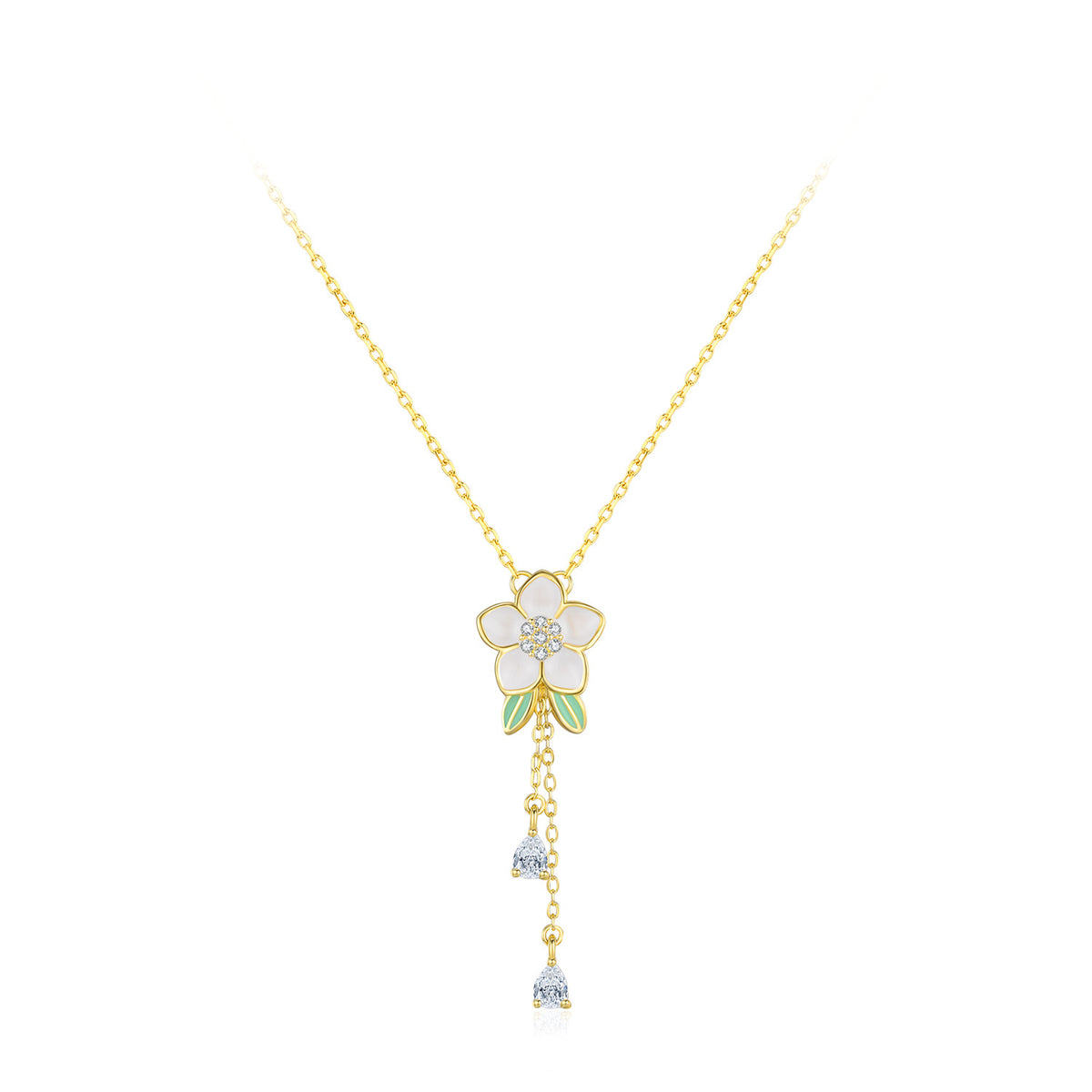 Gold necklace with a white flower pendant on a white background