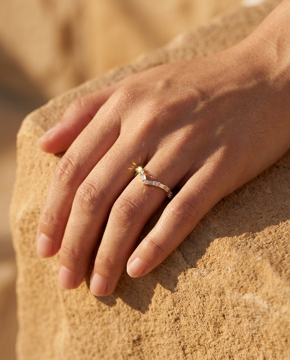 Baguette Chevron Ring – 925 Sterling Silver, Gold Plated - Close Up | Pinky Promise