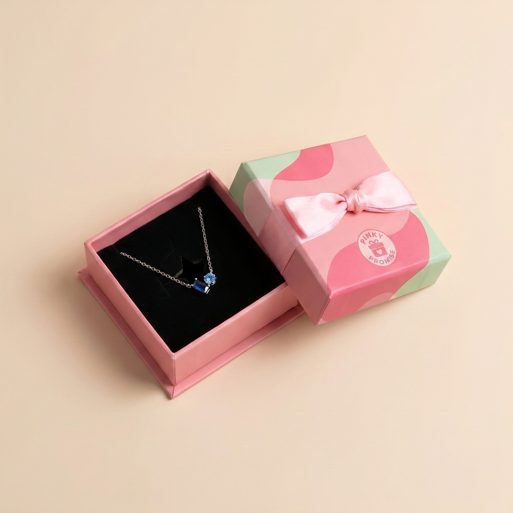Blue Baguette & Round Duo Necklace - 925 Sterling Silver - Close Up | Pinky Promise