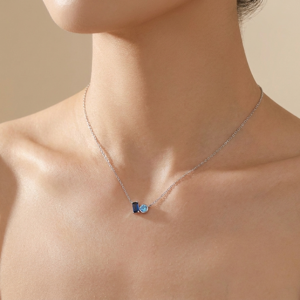 Buy Blue Baguette & Round Duo Necklace - 925 Sterling Silver - Necklaces at Presentopia - View 2