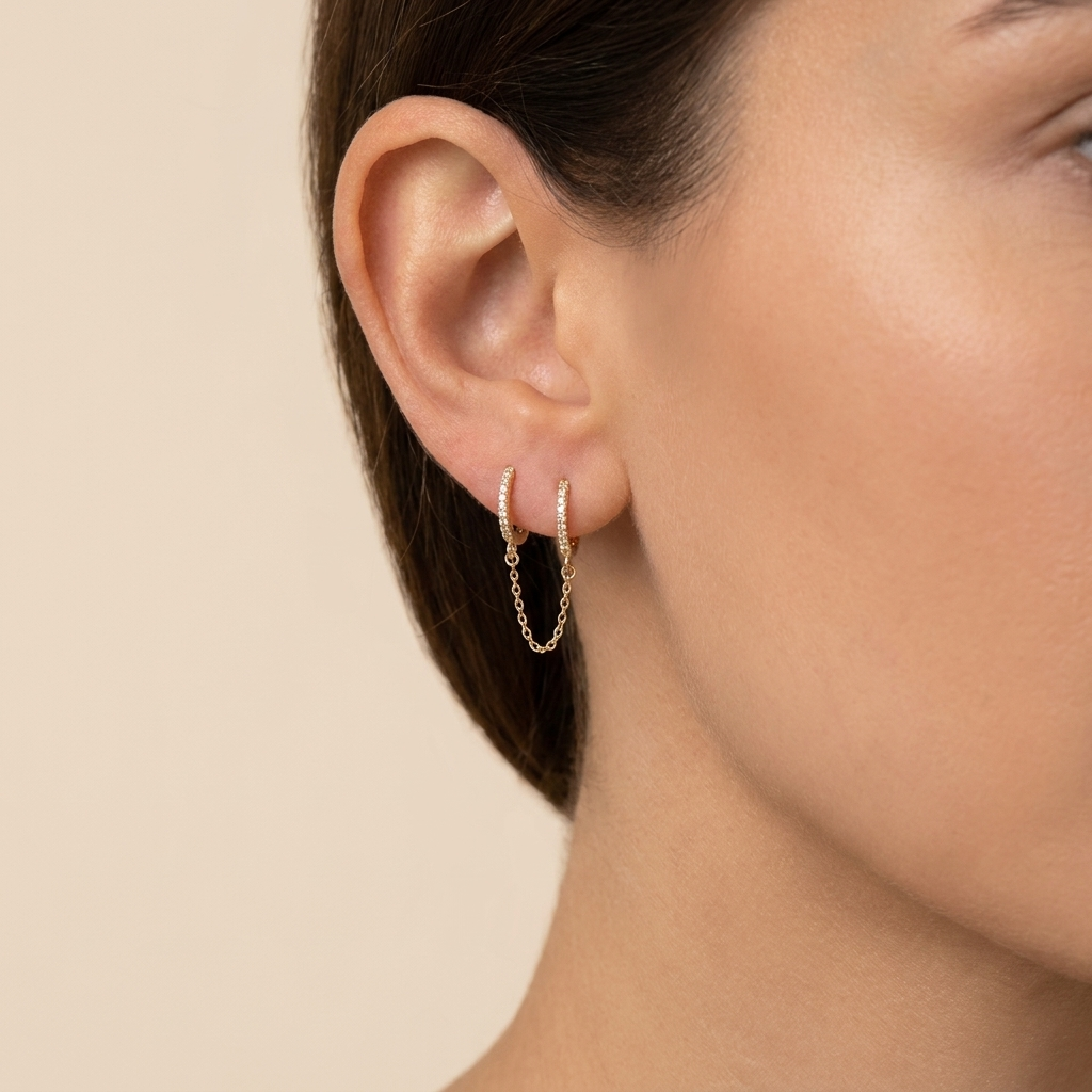 Chain Linked Double Huggie Hoop Earrings - Gold Plated 925 Sterling Silver | Pinky Promise
