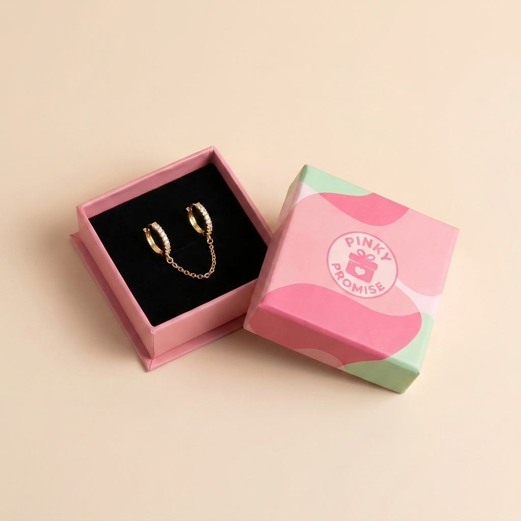 Chain Linked Double Huggie Hoop Earrings - Gold Plated 925 Sterling Silver - Close Up | Pinky Promise