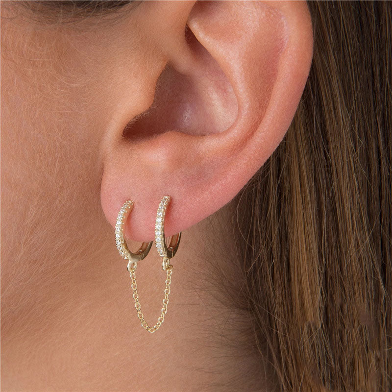 Chain Linked Double Huggie Hoop Earrings - Gold Plated 925 Sterling Silver - Photo 6 | Pinky Promise