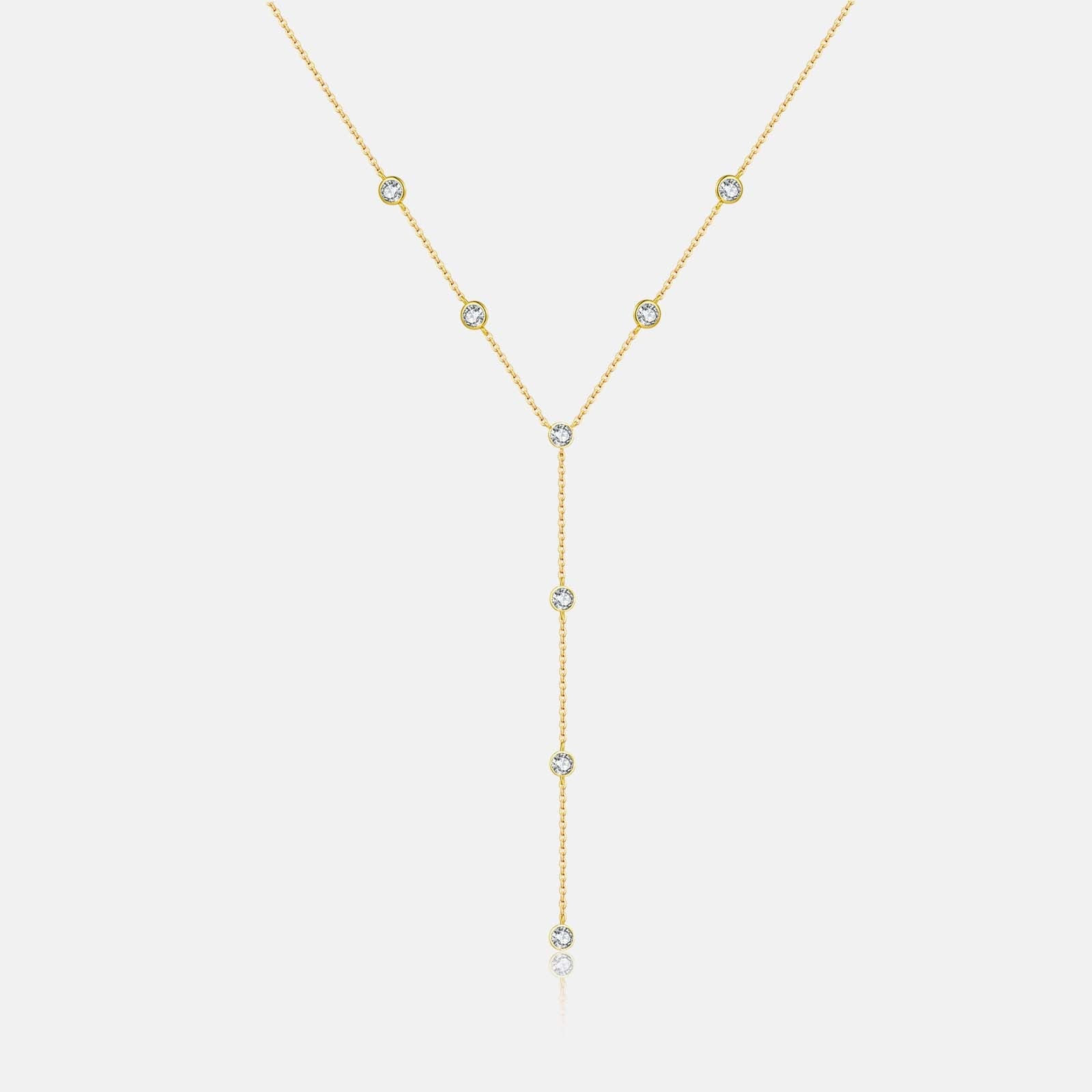 Dainty Bezel-Set Crystal Y-Necklace in Gold Vermeil - Close Up | Presentopia
