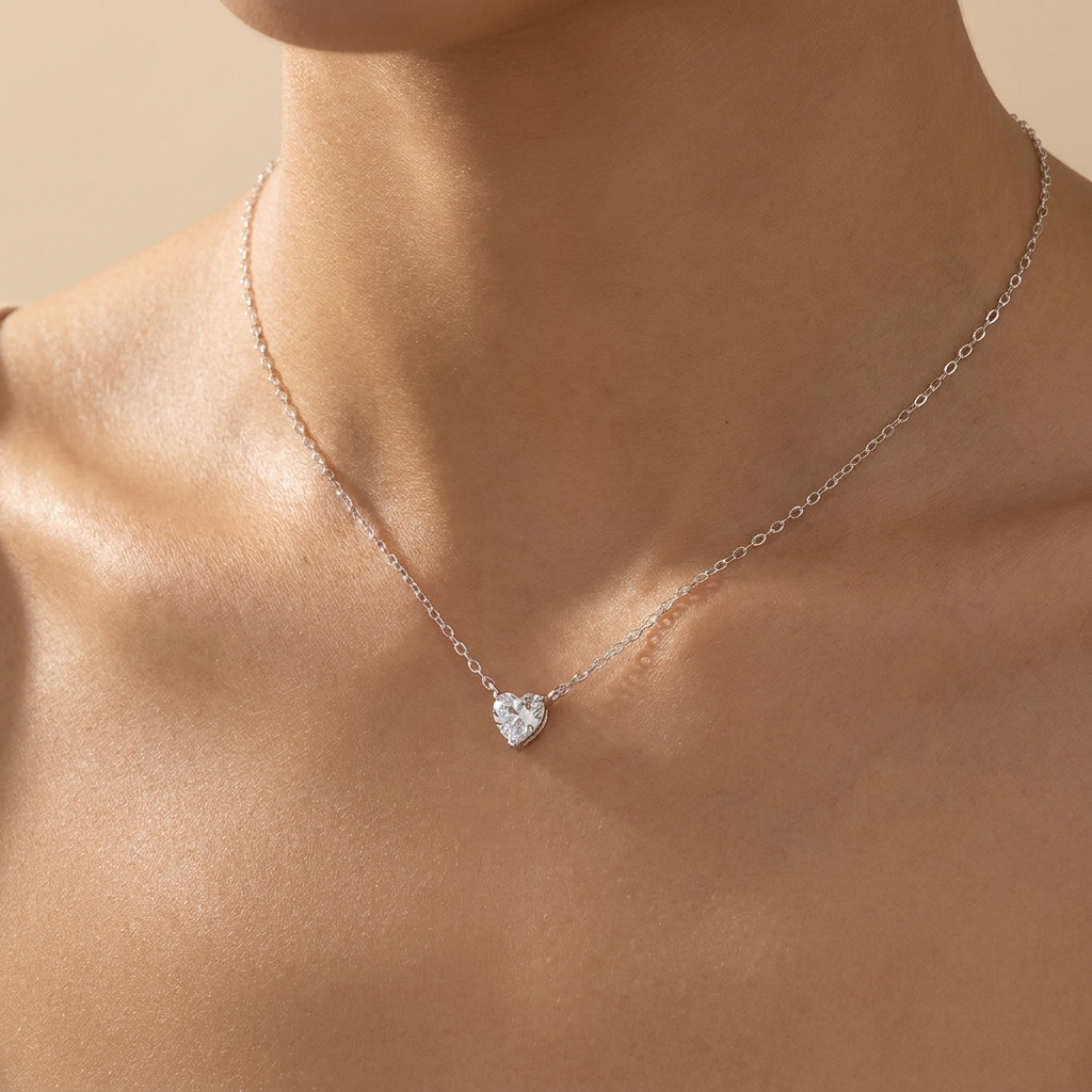 Heart Cut Solitaire Necklace – 925 Sterling Silver - Close Up | Pinky Promise