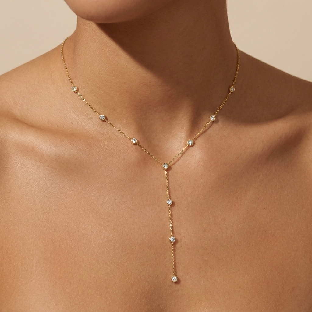 Lariat Bezel Drop Necklace – 925 Sterling Silver, Gold Plated | Pinky Promise