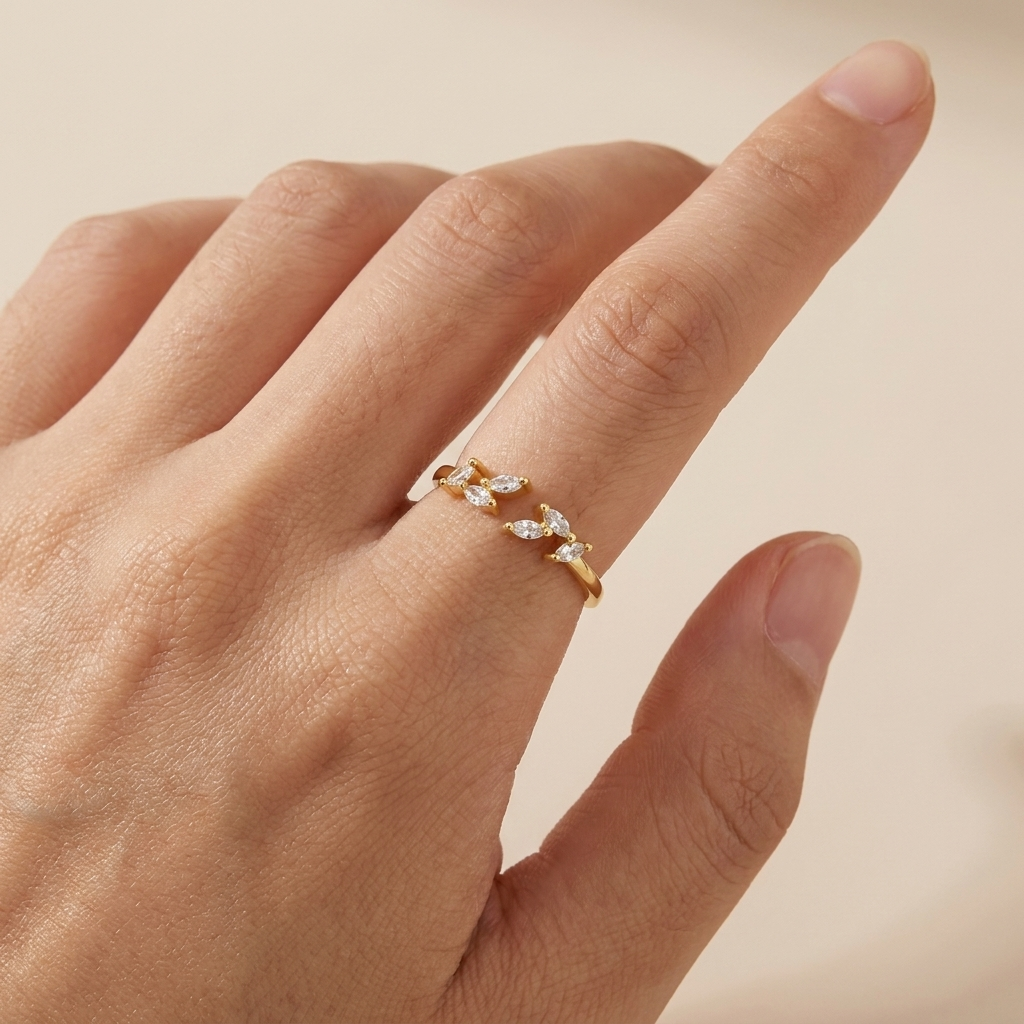 Marquise Leaf Open Ring – 925 Sterling Silver, Gold Plated | Pinky Promise