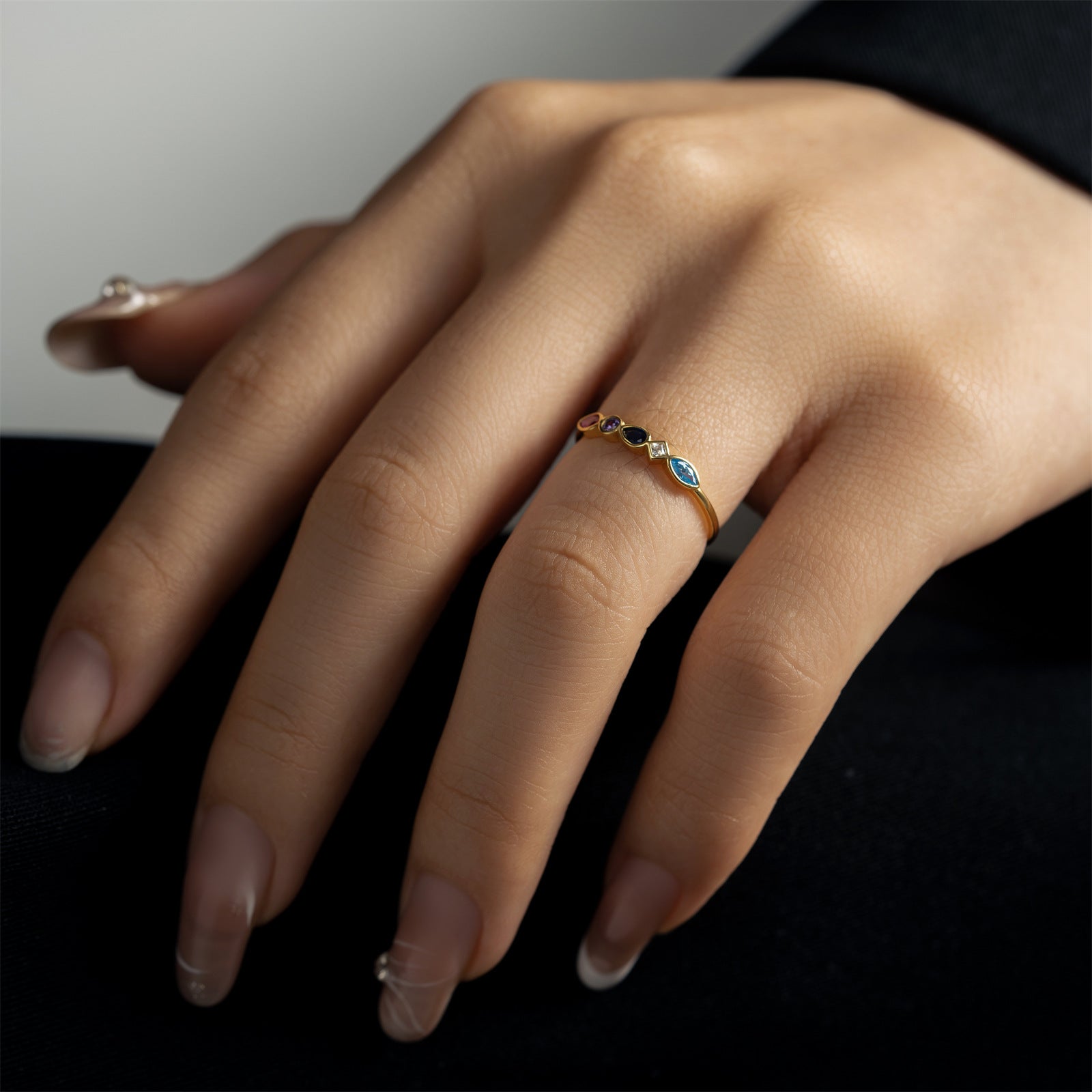 Multicolor Mixed-Cut Bezel Ring - Gold Plated 925 Sterling Silver - Close Up | Pinky Promise