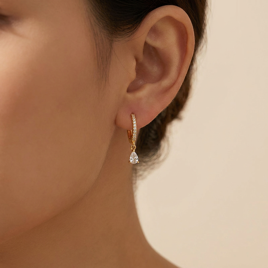 Pavé Huggie Hoop Earrings with Teardrop Charm - Gold Plated 925 Sterling Silver | Pinky Promise