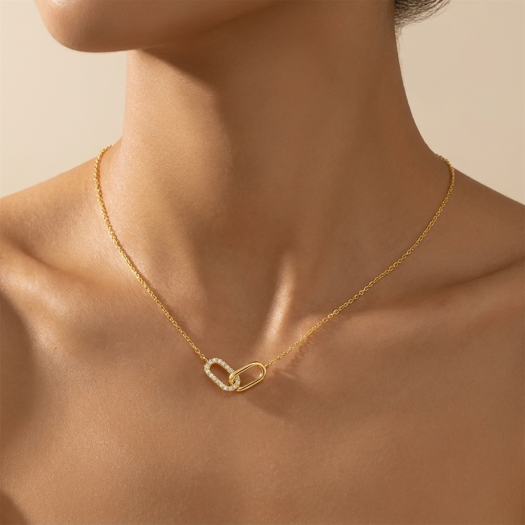 Buy Pavé Interlocking Link Necklace – 925 Sterling Silver, Gold Plated - Necklaces at Presentopia - View 2