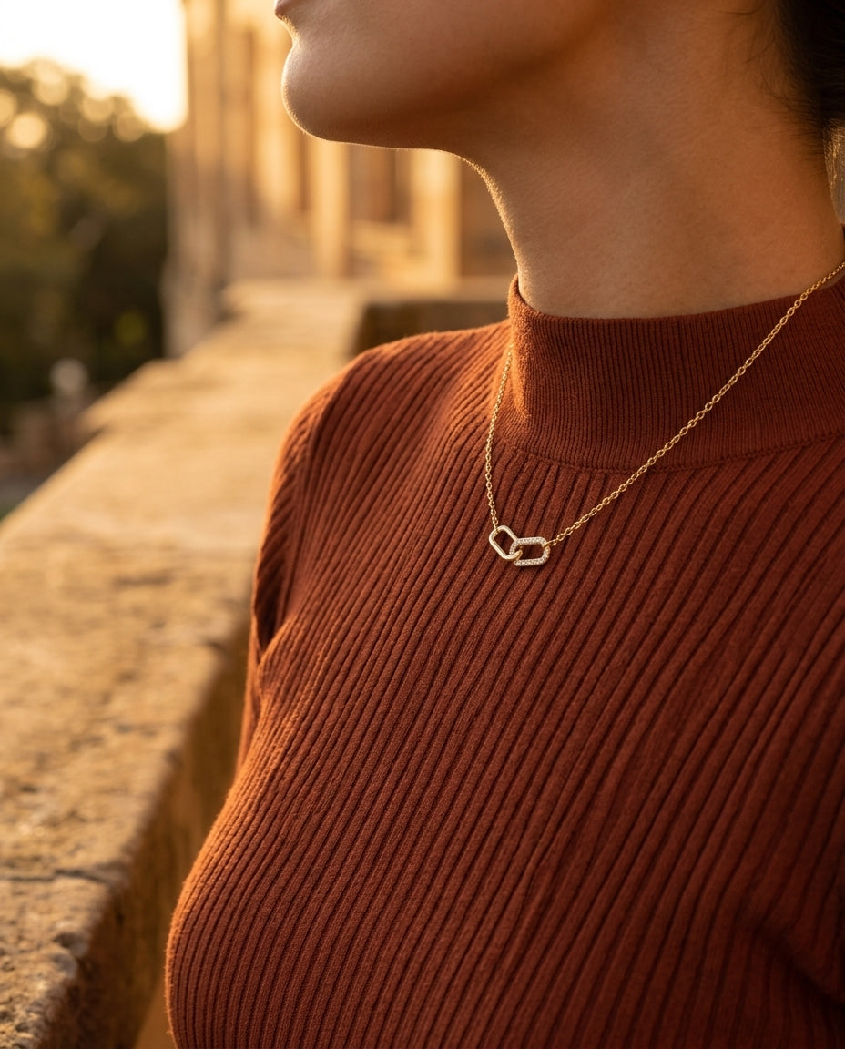 Buy Pavé Interlocking Link Necklace – 925 Sterling Silver, Gold Plated - Necklaces at Presentopia - View 3