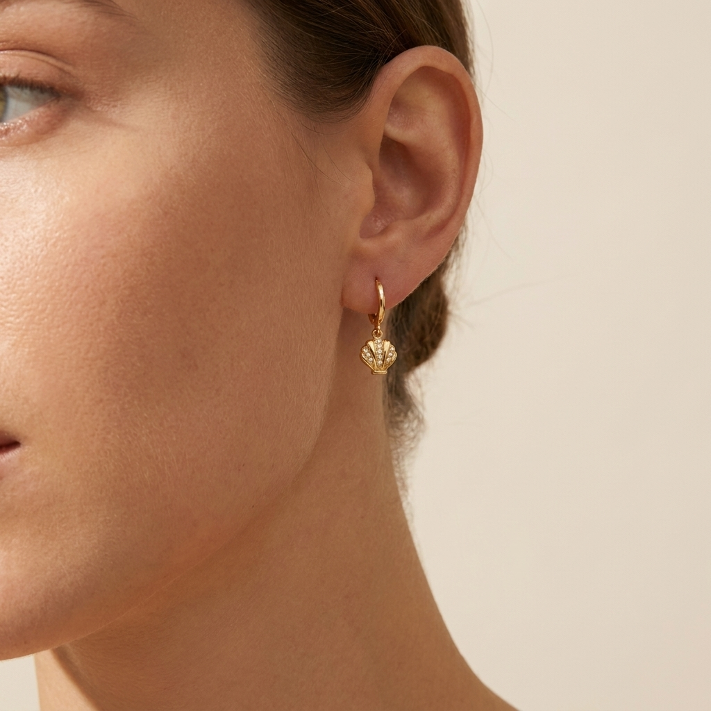 Pavé Seashell Huggie Hoop Earrings – Gold Plated 925 Sterling Silver - Close Up | Pinky Promise