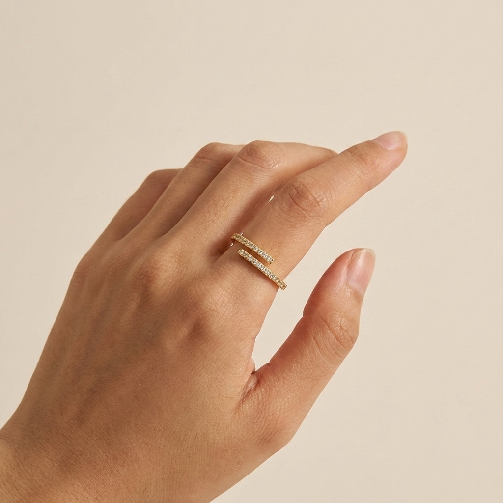 Pavé wraparound Open Ring - Gold Plated 925 Sterling Silver - Close Up | Pinky Promise