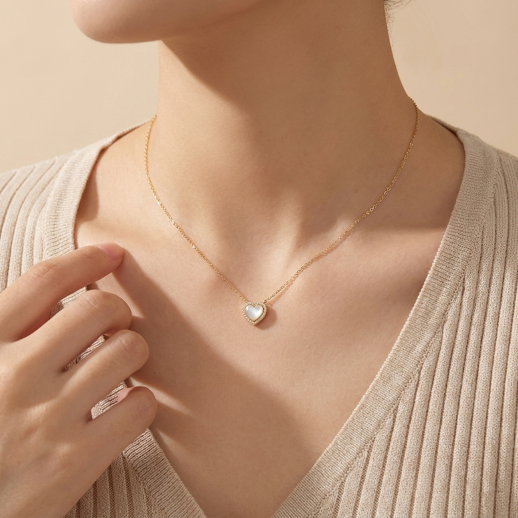 Pearl Heart Halo Necklace - Gold Plated 925 Sterling Silver - Close Up | Pinky Promise