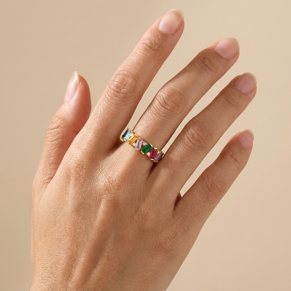 Rainbow Baguette Zigzag Ring - Gold Plated 925 Sterling Silver | Pinky Promise