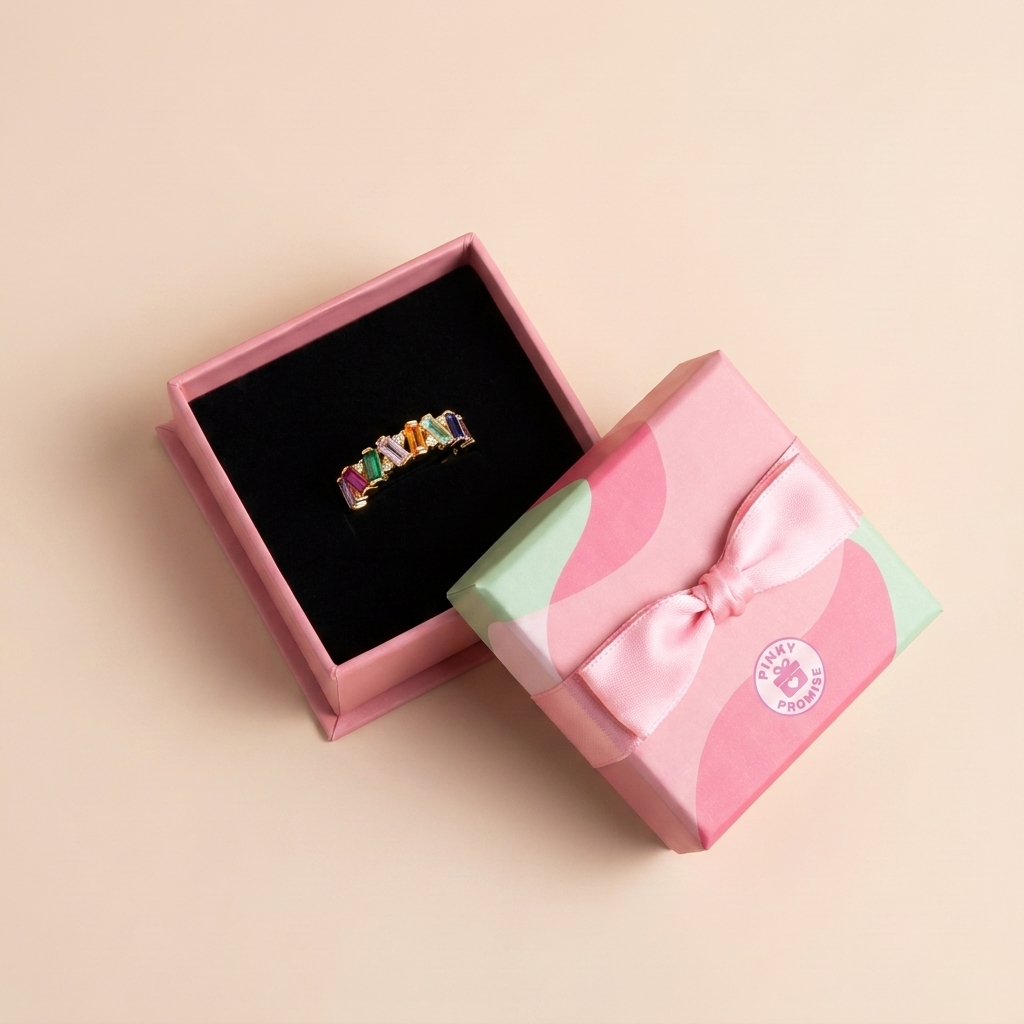 Rainbow Baguette Zigzag Ring - Gold Plated 925 Sterling Silver - Close Up | Pinky Promise