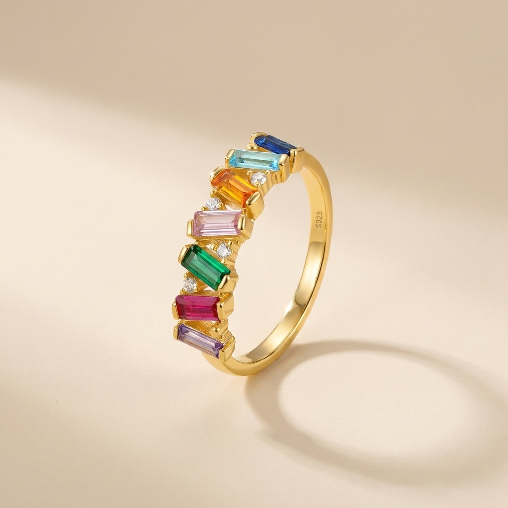 Buy Rainbow Baguette Zigzag Ring - Gold Plated 925 Sterling Silver - Rings at Presentopia