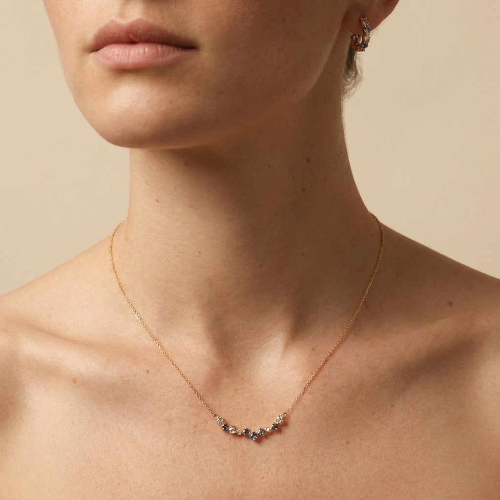 Scattered Blue Zircon Curved Necklace – Gold Plated 925 Sterling Silver - Close Up | Pinky Promise