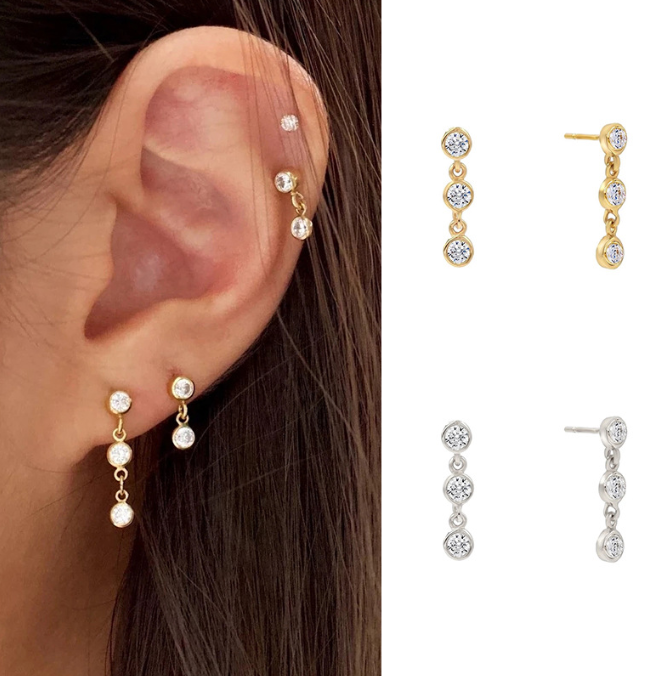 Trio Bezel Drop Earrings - 925 Sterling Silver - Photo 6 | Pinky Promise